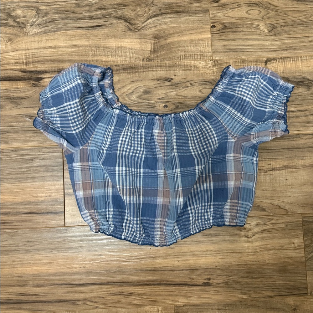 American Eagle Outfitters Blue and Pink Plaid Off-Shoulder Blouse